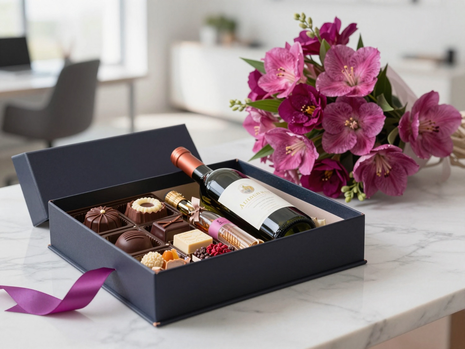 Set de regalo corporativo: caja con vino, gourmet y flores